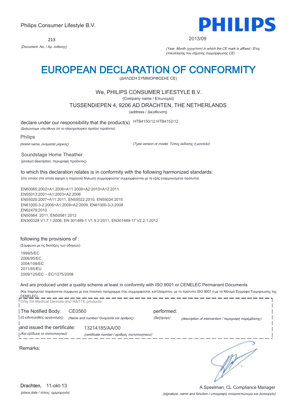 European declaration of conformity | Philips Home Cinéma TV Sound Blu-ray User Manual | Page 21 / 22