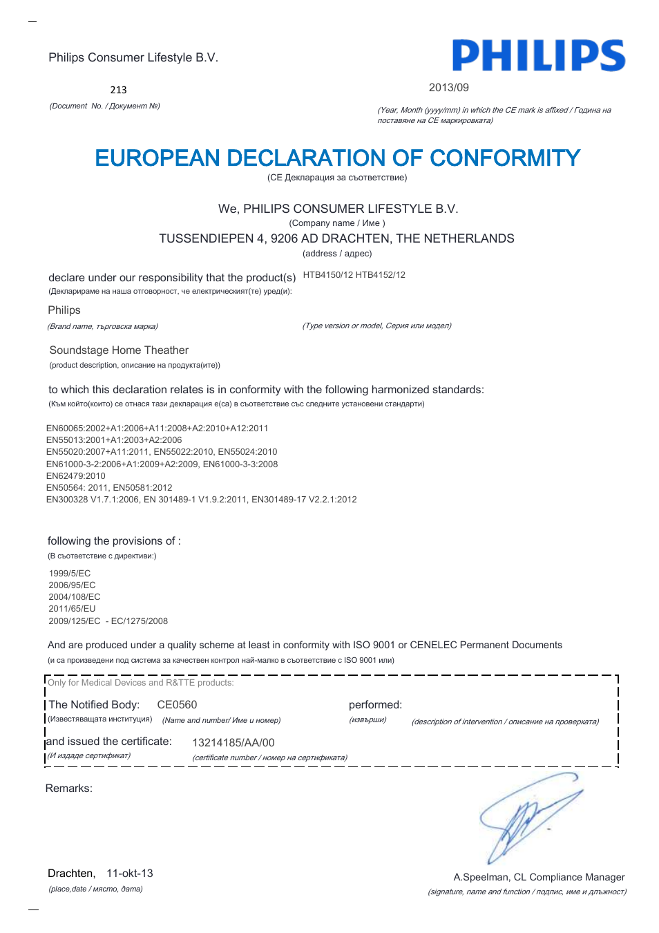 European declaration of conformity | Philips Home Cinéma TV Sound Blu-ray User Manual | Page 22 / 22