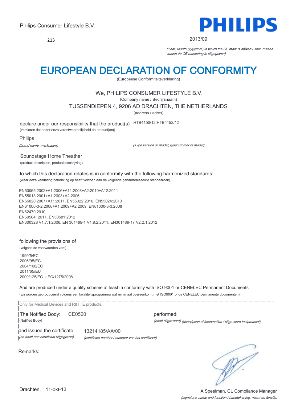 European declaration of conformity | Philips Home Cinéma TV Sound Blu-ray User Manual | Page 4 / 22