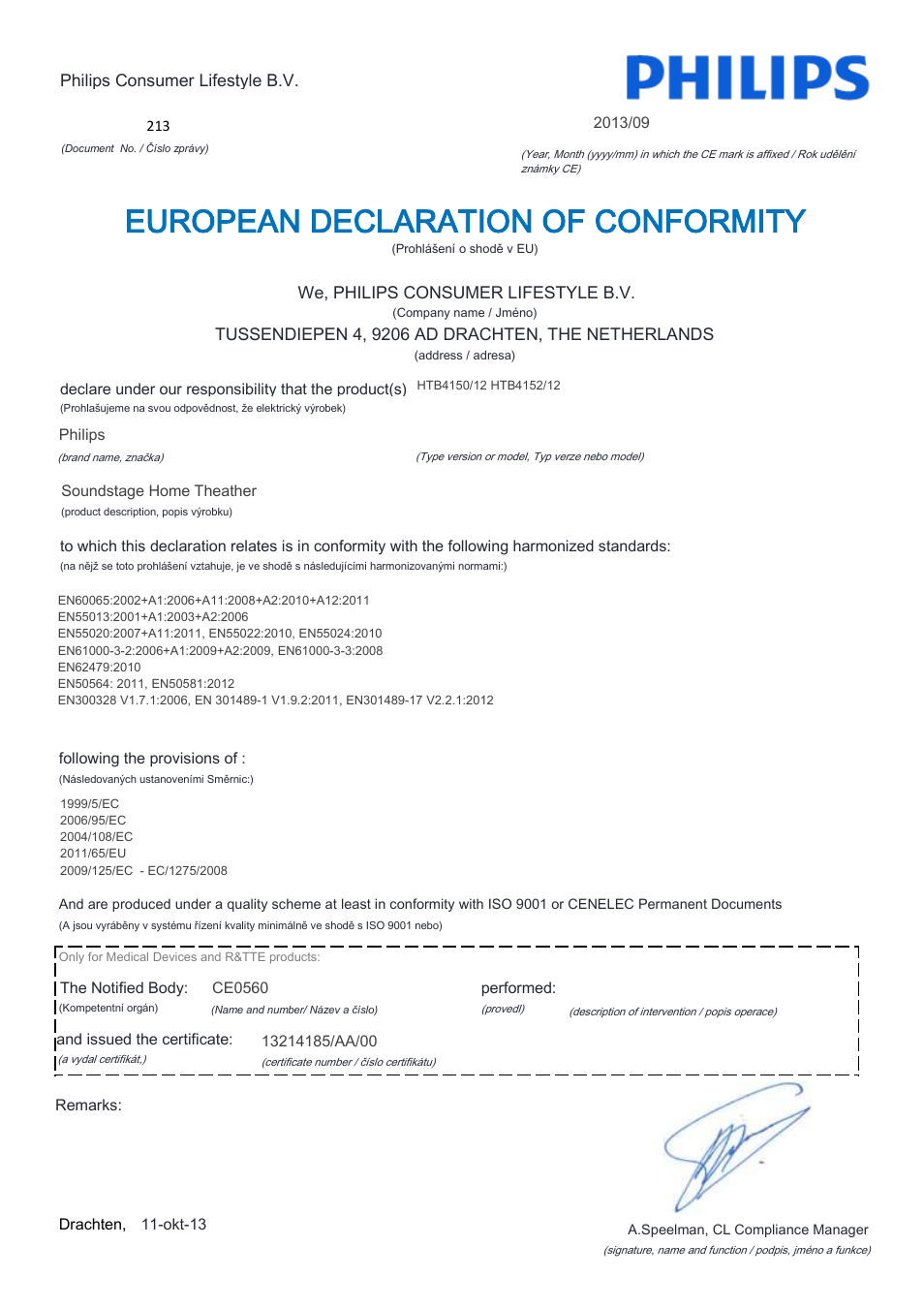 European declaration of conformity | Philips Home Cinéma TV Sound Blu-ray User Manual | Page 5 / 22