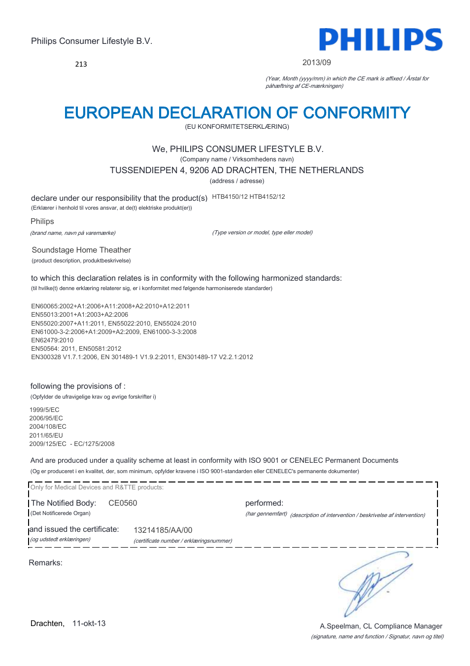 European declaration of conformity | Philips Home Cinéma TV Sound Blu-ray User Manual | Page 6 / 22