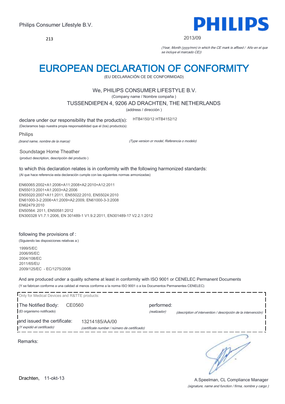 European declaration of conformity | Philips Home Cinéma TV Sound Blu-ray User Manual | Page 7 / 22
