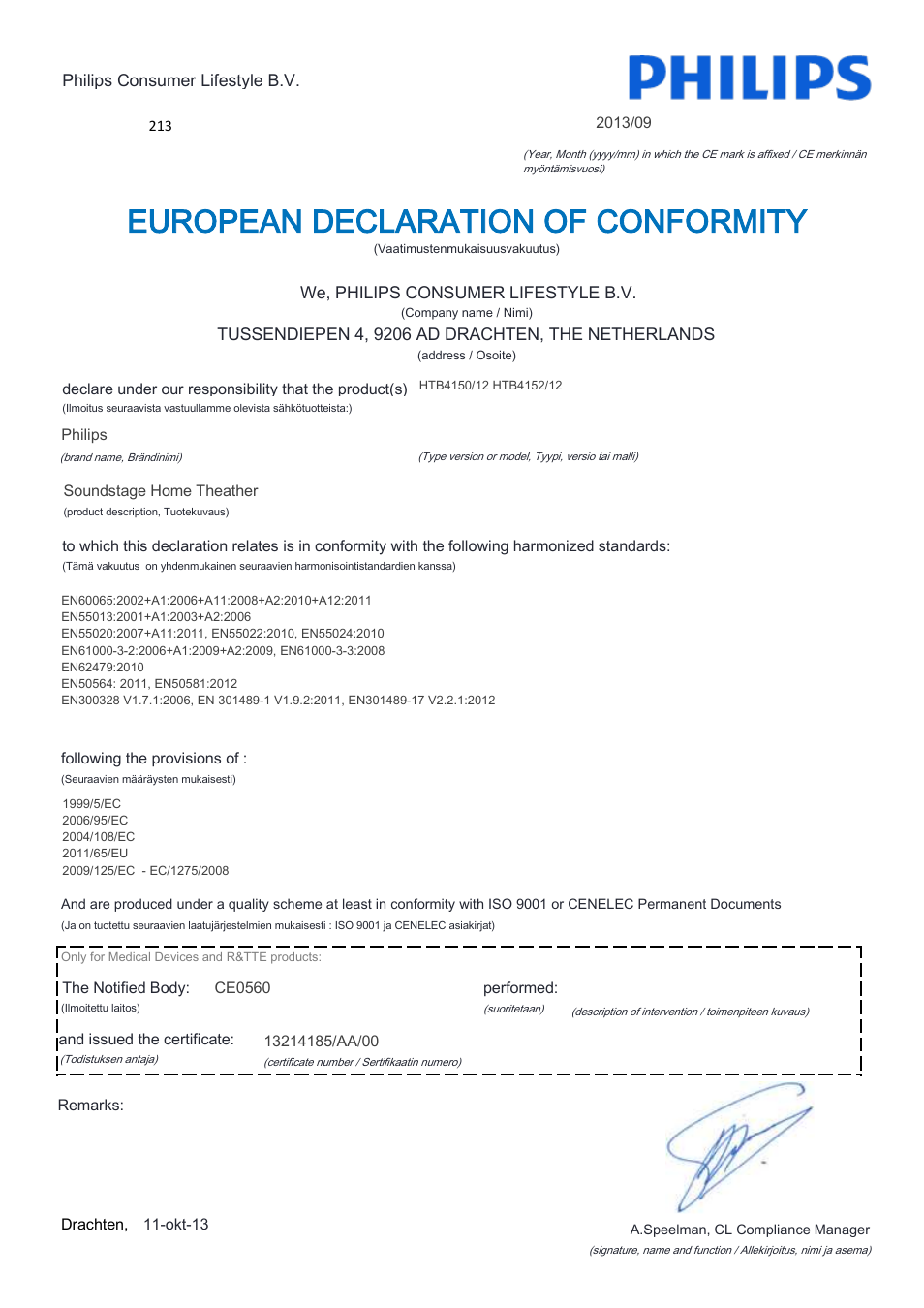 European declaration of conformity | Philips Home Cinéma TV Sound Blu-ray User Manual | Page 8 / 22