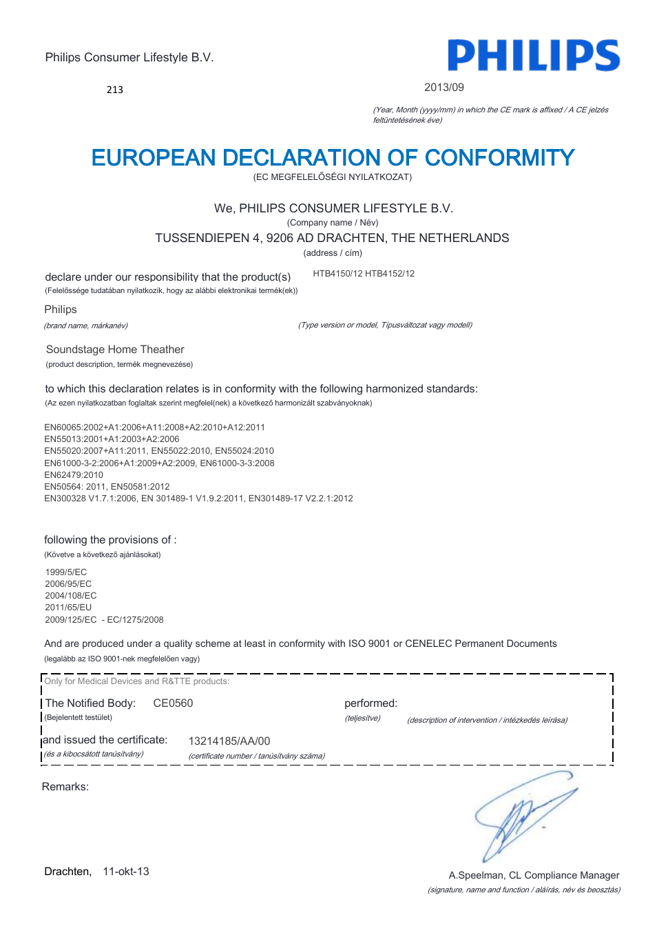 European declaration of conformity | Philips Home Cinéma TV Sound Blu-ray User Manual | Page 9 / 22