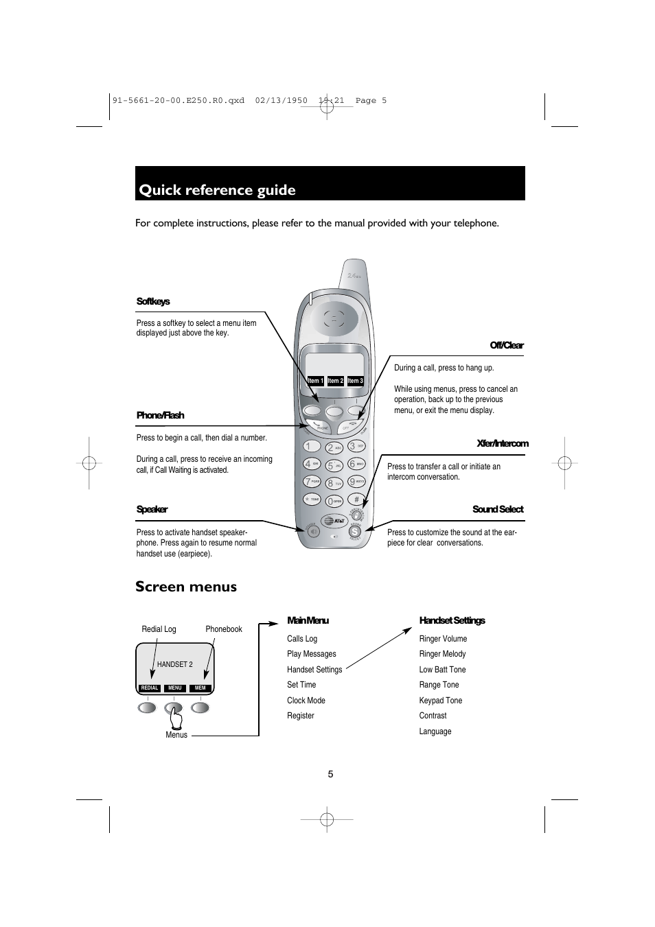 Quick reference guide, Screen menus | AT&T E2600B User Manual | Page 7 / 8