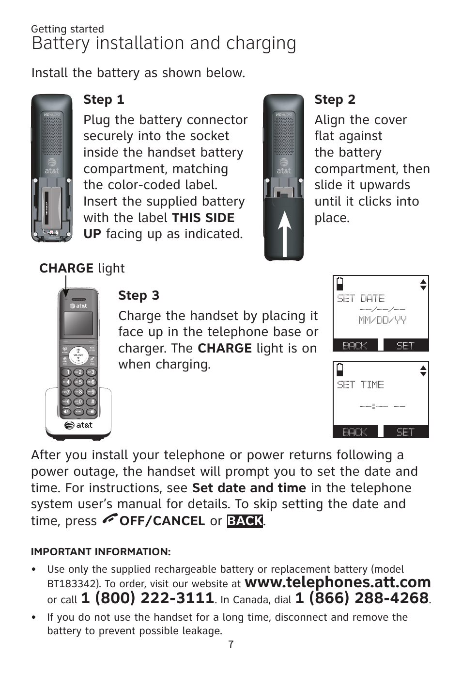 Battery installation and charging, Install the battery as shown below | AT&T TL96371 User Manual | Page 11 / 36