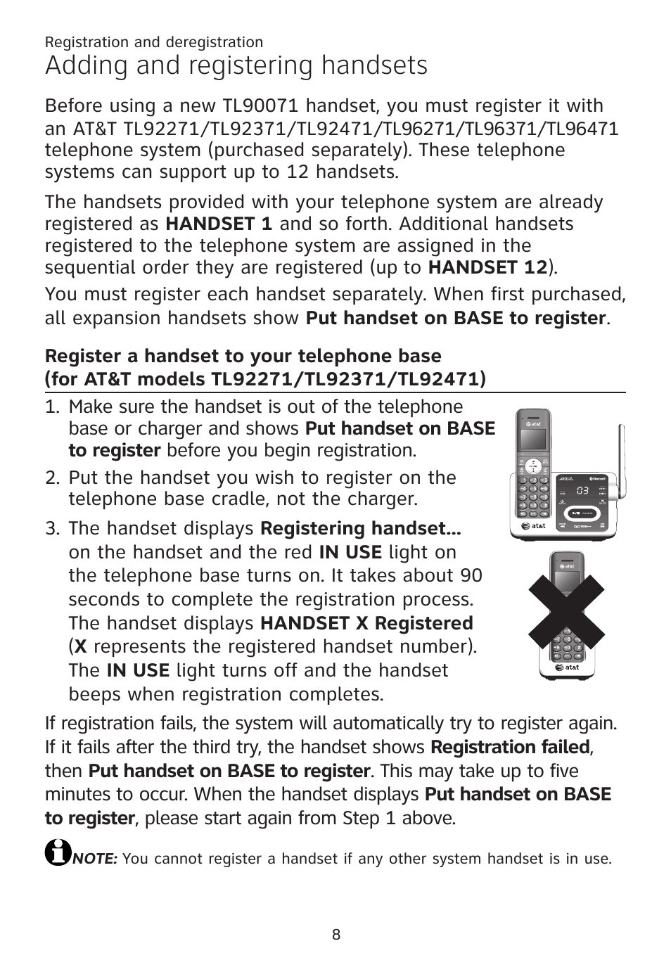 Registration and deregistration, Adding and registering handsets, Register a handset to your telephone base | AT&T TL96371 User Manual | Page 12 / 36