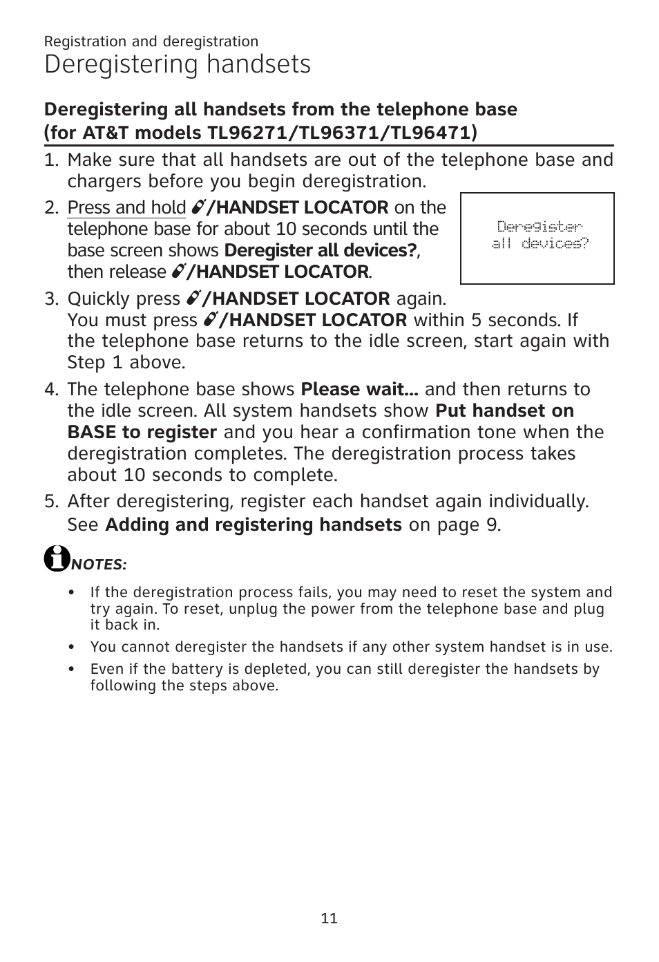 Deregistering handsets | AT&T TL96371 User Manual | Page 15 / 36