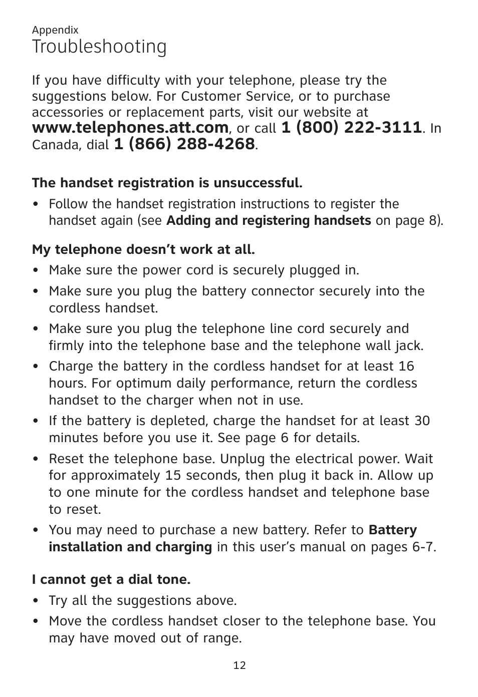 Appendix, Troubleshooting, Appendix troubleshooting | AT&T TL96371 User Manual | Page 16 / 36