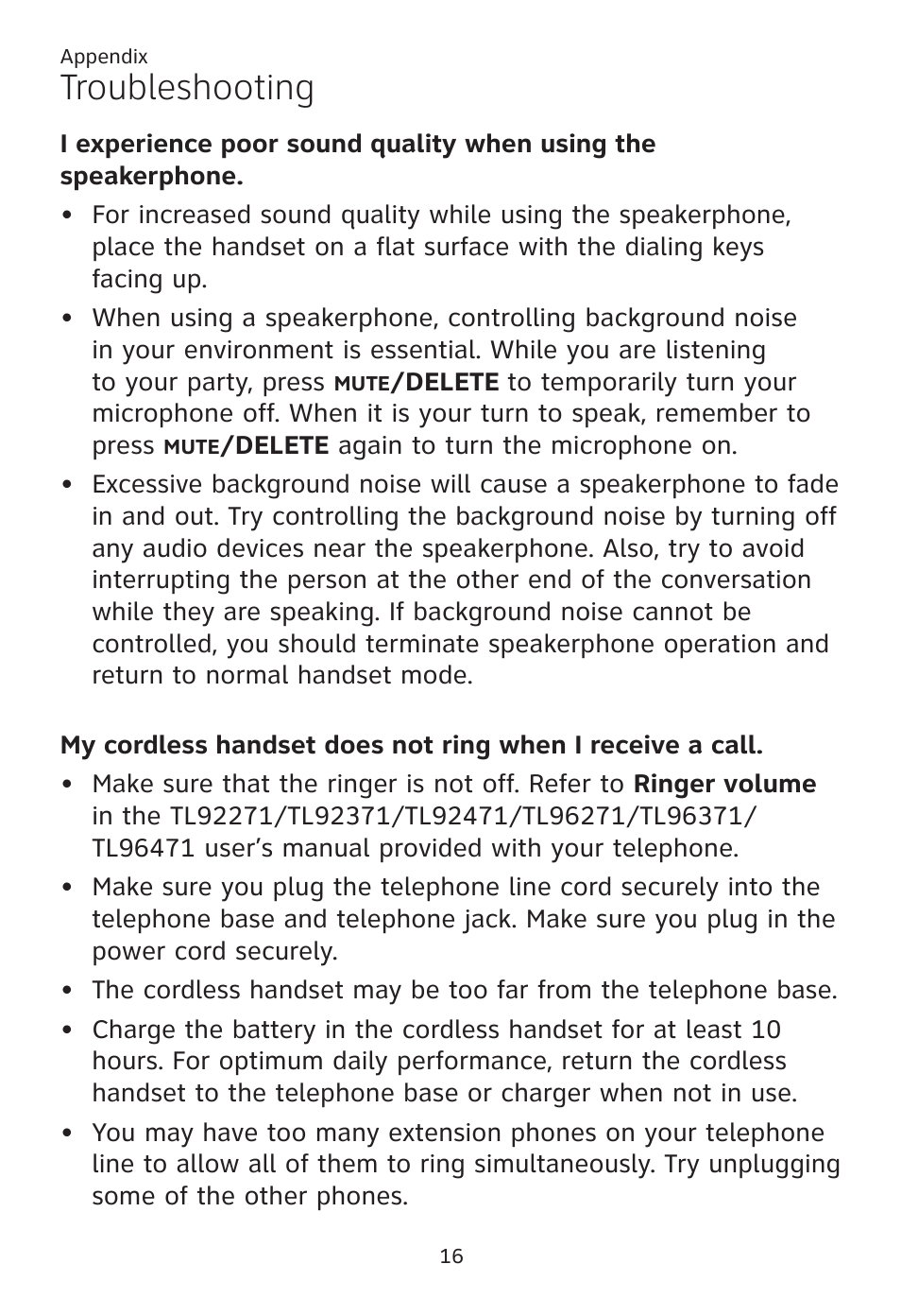 Troubleshooting | AT&T TL96371 User Manual | Page 20 / 36