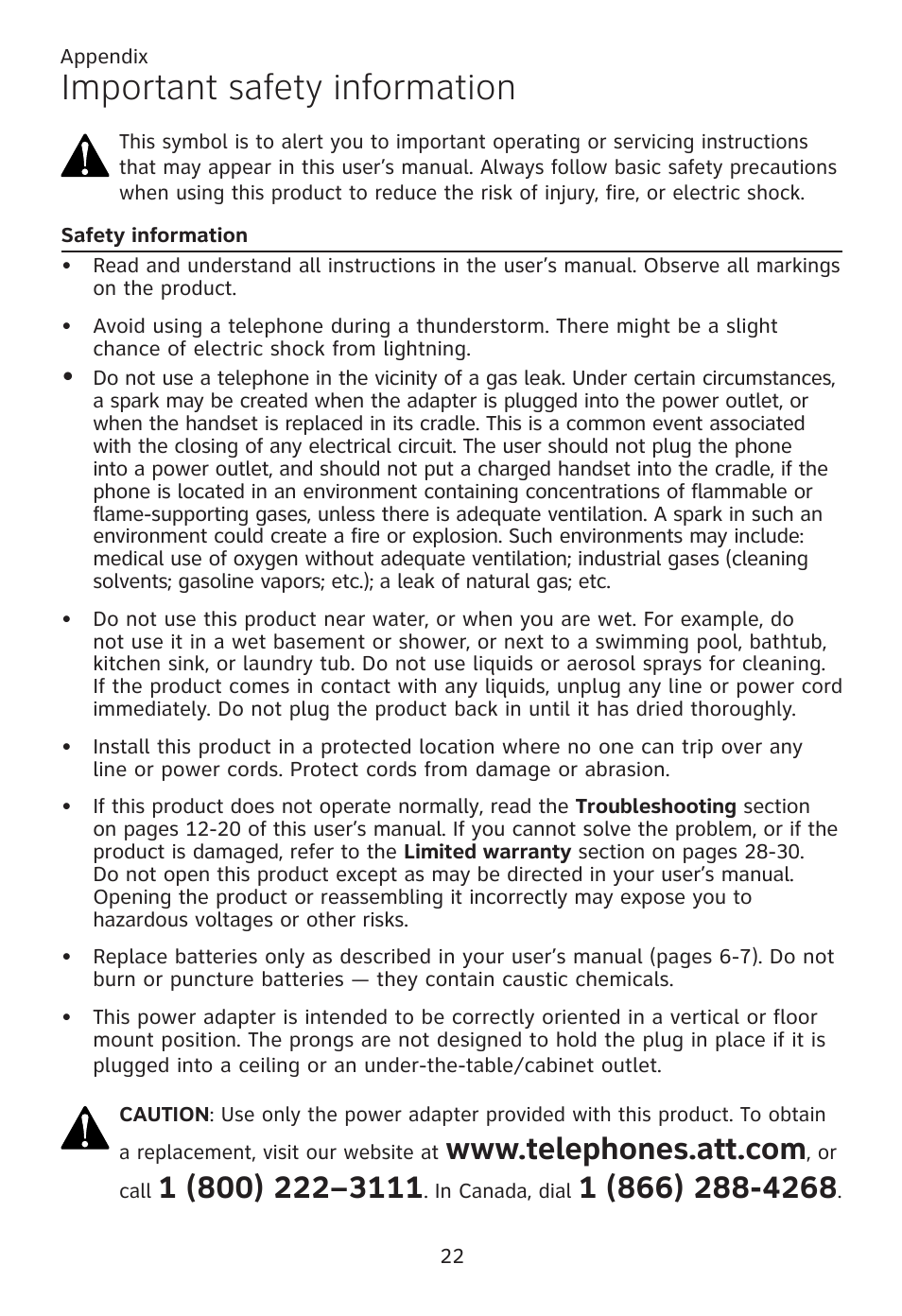Important safety information, Safety information | AT&T TL96371 User Manual | Page 26 / 36