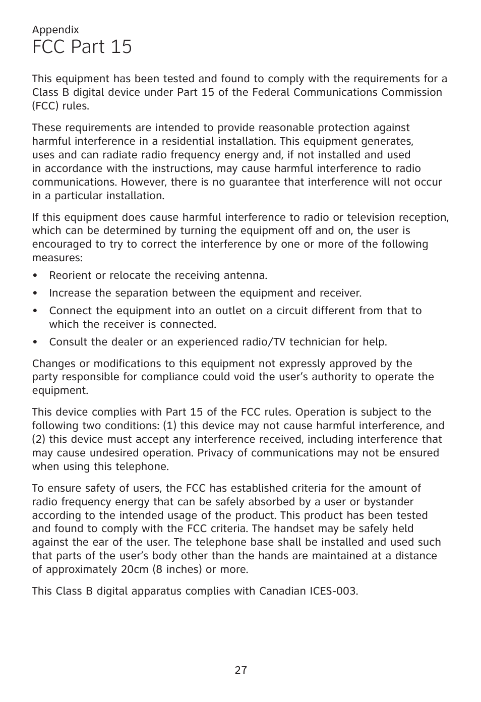 Fcc part 15 | AT&T TL96371 User Manual | Page 31 / 36