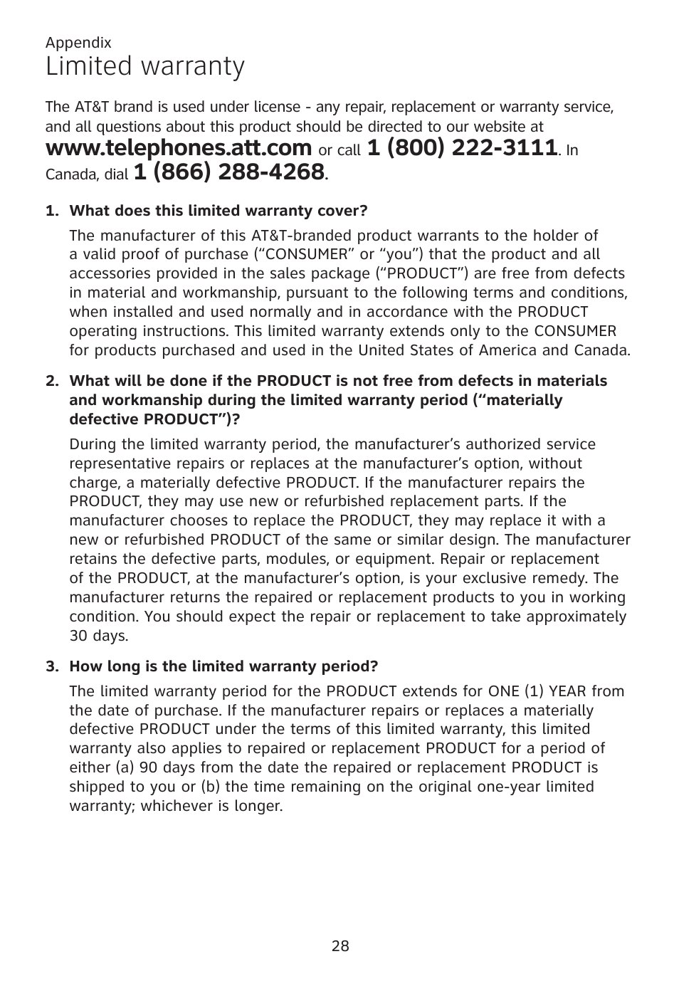 Limited warranty | AT&T TL96371 User Manual | Page 32 / 36