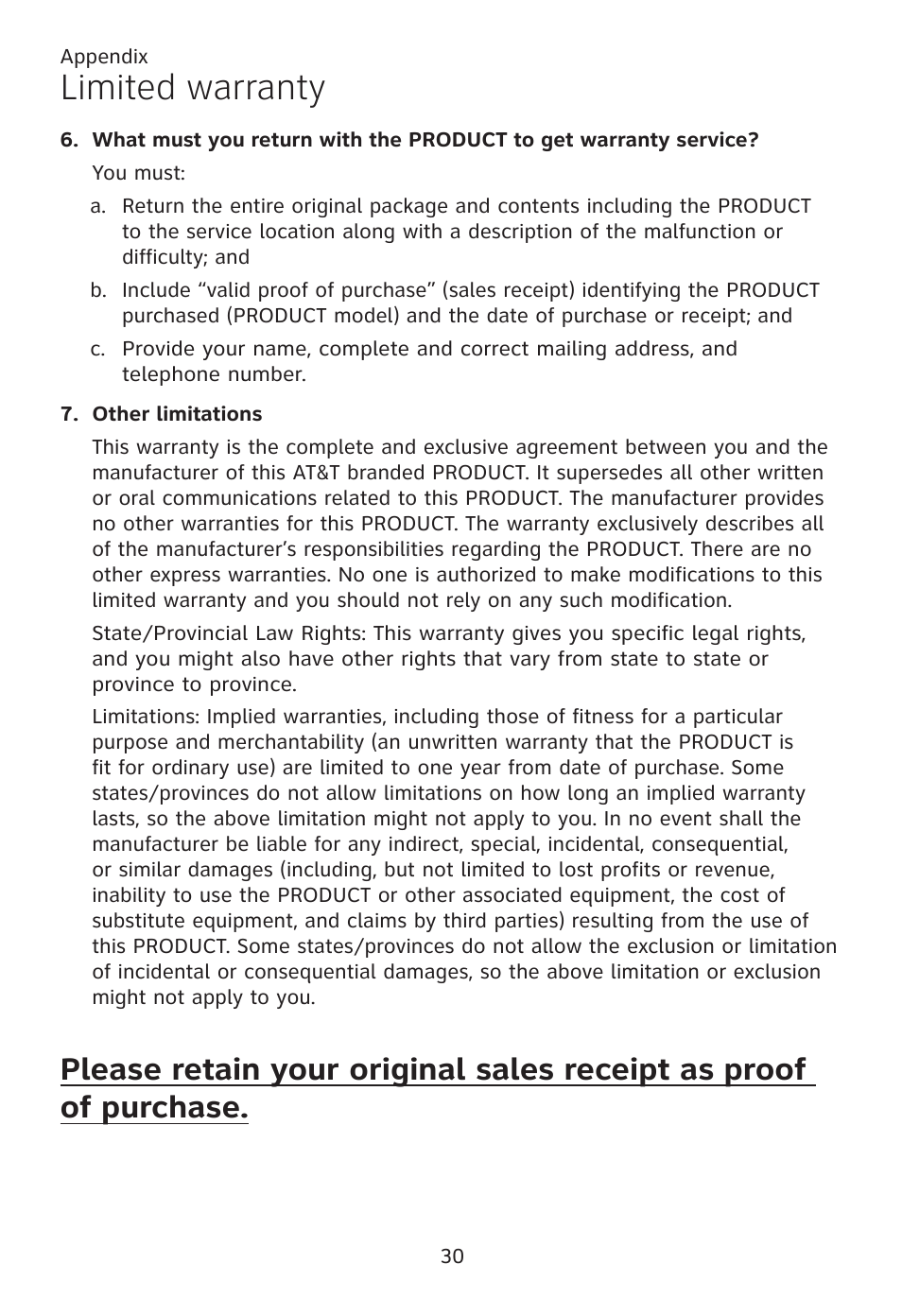 Limited warranty | AT&T TL96371 User Manual | Page 34 / 36
