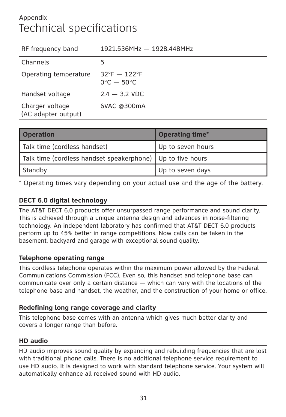 Technical specifications, Dect 6.0 digital technology, Telephone operating range | Redefining long range coverage and clarity, Hd audio | AT&T TL96371 User Manual | Page 35 / 36