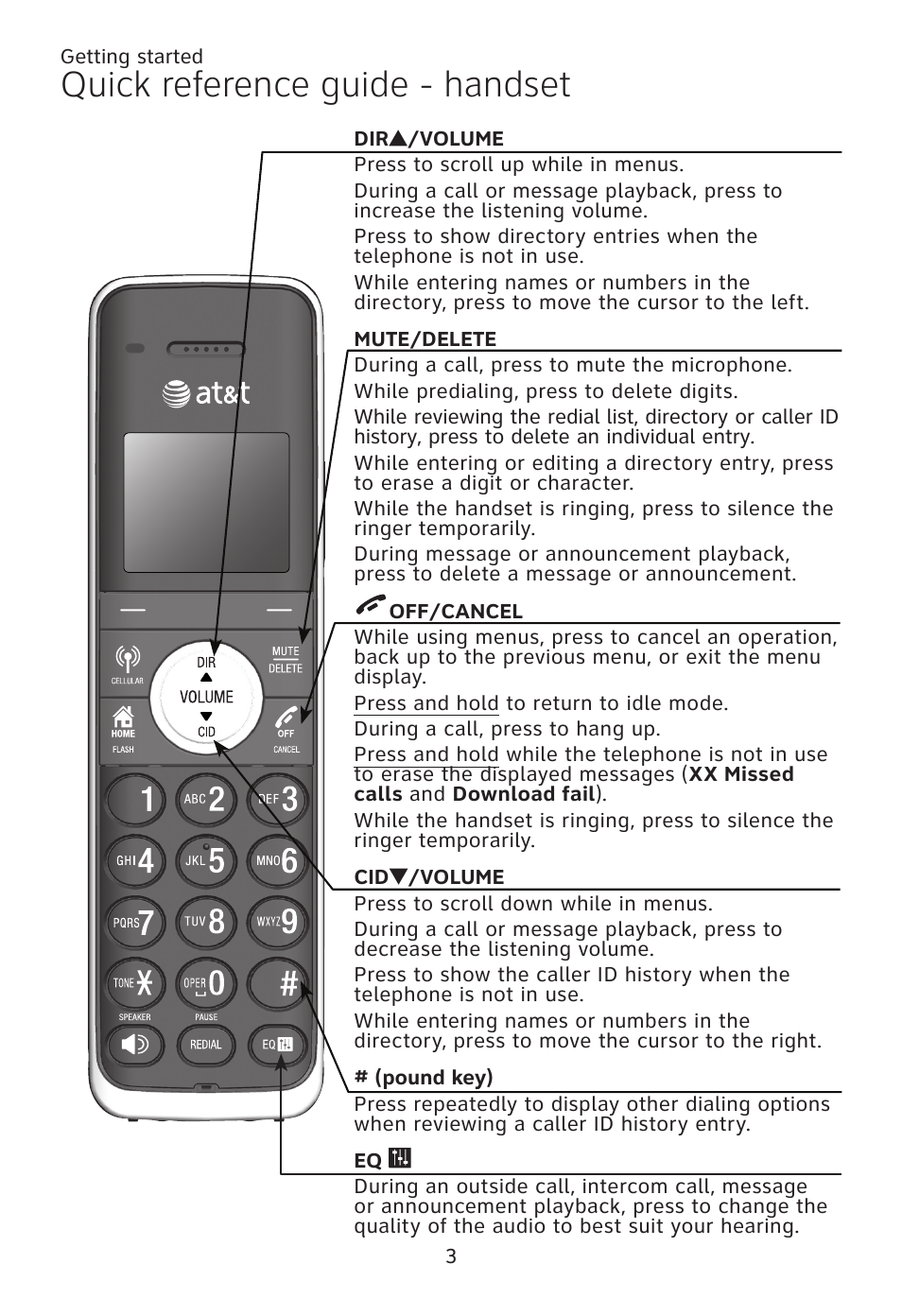 Quick reference guide - handset | AT&T TL96371 User Manual | Page 7 / 36