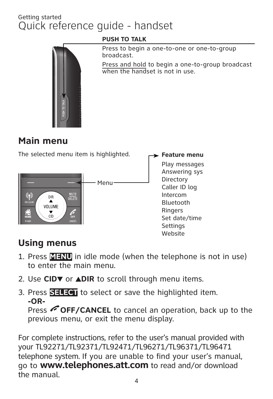Quick reference guide - handset, Main menu, Sing menus | AT&T TL96371 User Manual | Page 8 / 36