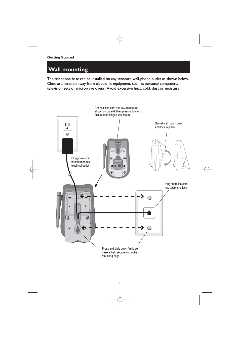 Wall mounting, Plug power cord transformer into electrical outlet, Swivel wall mount down and lock in place | Plug short line cord into telephone jack | AT&T 1145 User Manual | Page 10 / 35