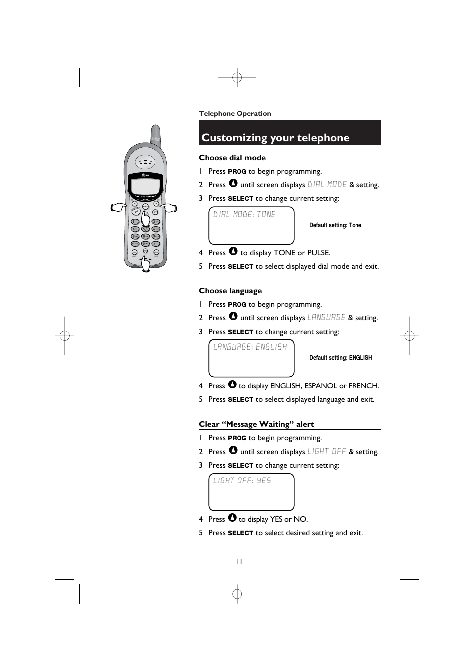 Choose dial mode, Choose language, Clear “message waiting” alert | Customizing your telephone | AT&T 1145 User Manual | Page 13 / 35