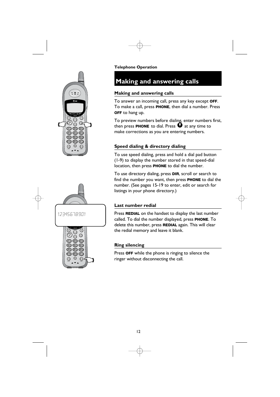 Making and answering calls, Speed dialing & directory dialing, Last number redial | Ring silencing | AT&T 1145 User Manual | Page 14 / 35