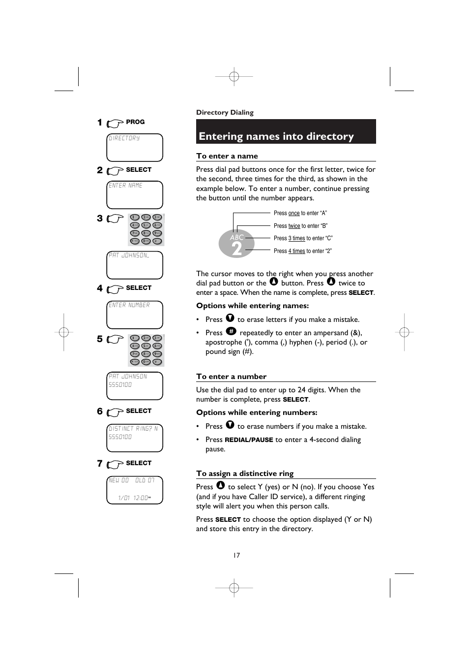 Entering names into directory, To enter a name, To enter a number | To assign a distinctive ring | AT&T 1145 User Manual | Page 19 / 35