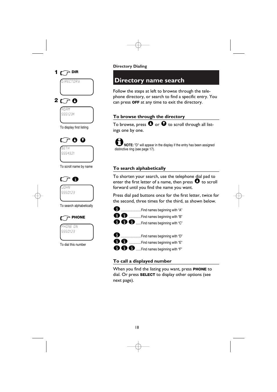 Directory name search, To browse through the directory, To search alphabetically | To call a displayed number | AT&T 1145 User Manual | Page 20 / 35