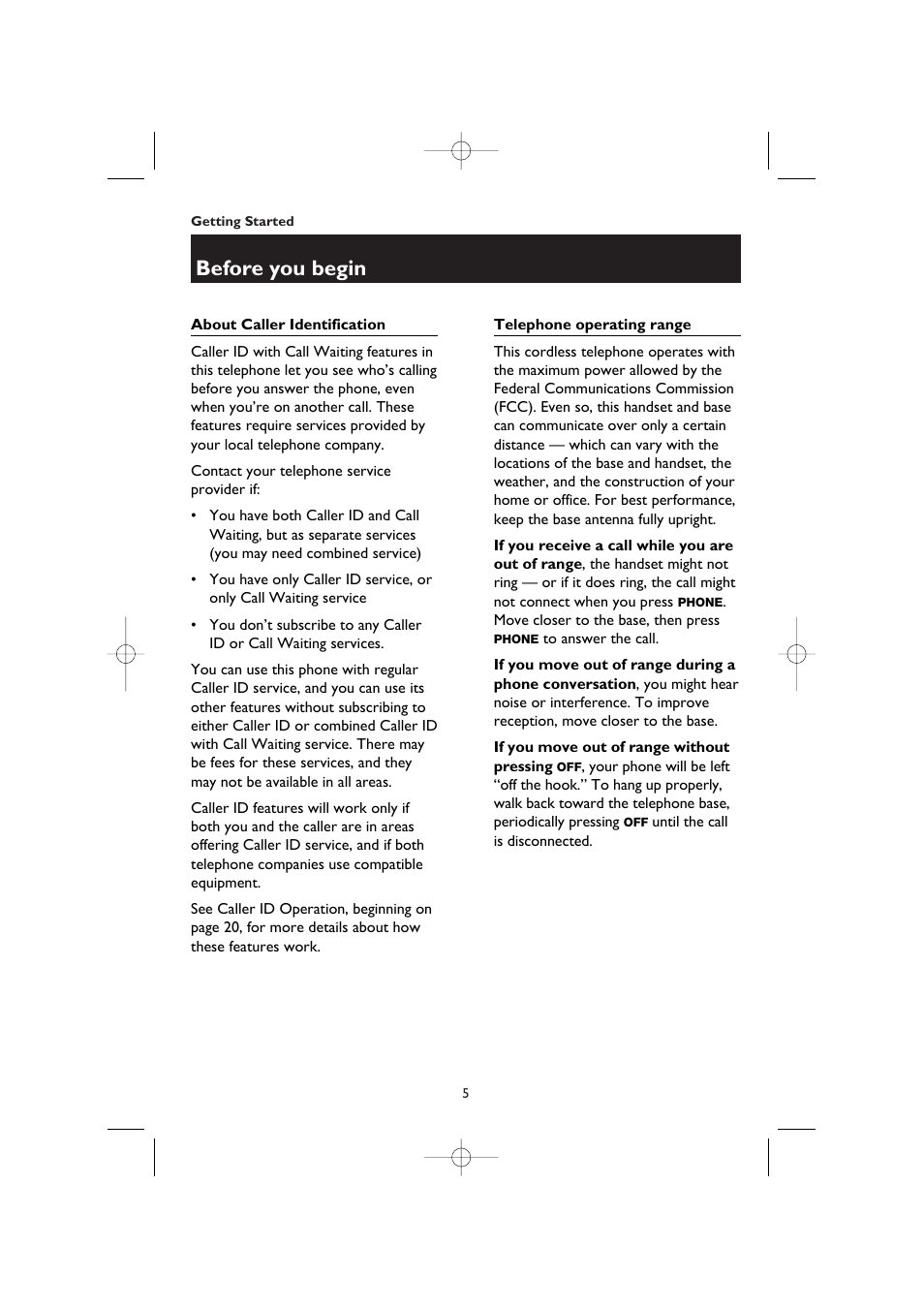 Before you begin, About caller identification, Telephone operating range | If you receive a call while you are out of range, If you move out of range without pressing off | AT&T 1145 User Manual | Page 7 / 35