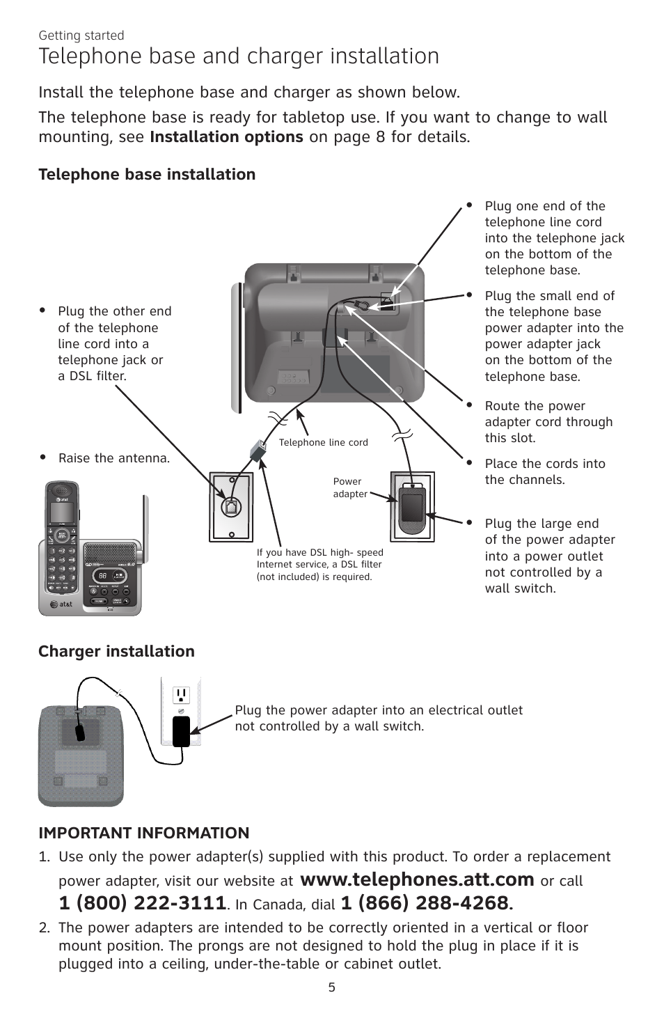 Telephone base and charger installation | AT&T CL82350 User Manual | Page 10 / 79