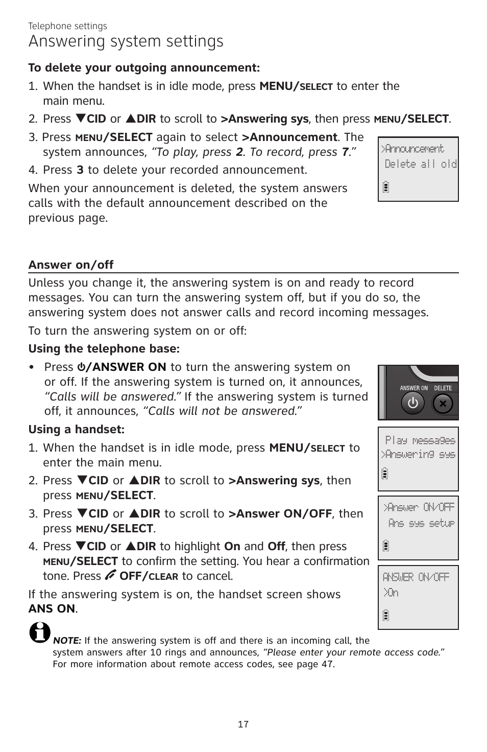 Answering system settings | AT&T CL82350 User Manual | Page 22 / 79