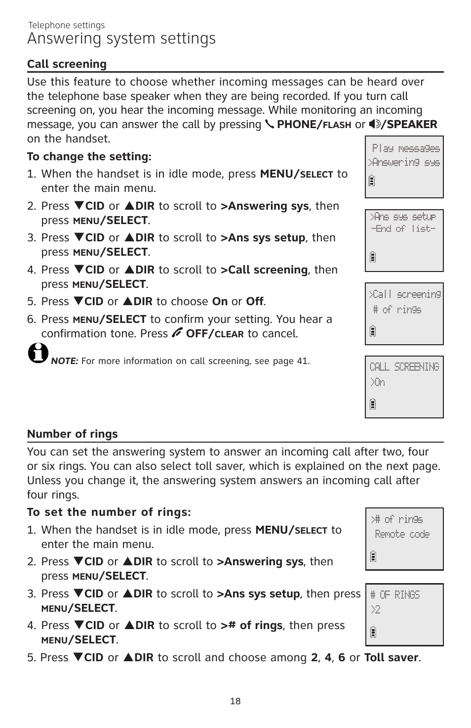 Answering system settings | AT&T CL82350 User Manual | Page 23 / 79