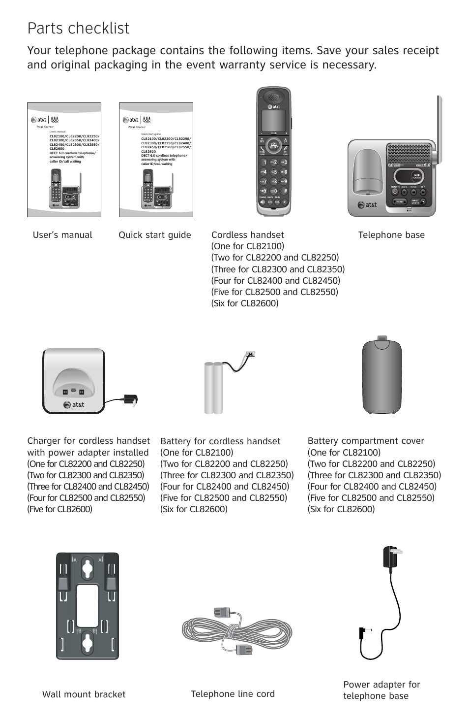 Parts checklist | AT&T CL82350 User Manual | Page 3 / 79