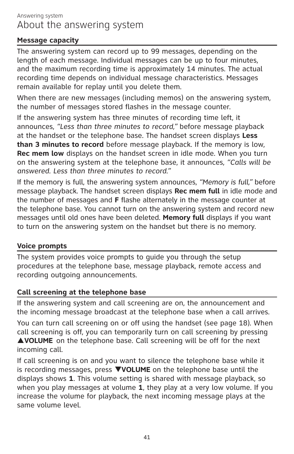 About the answering system | AT&T CL82350 User Manual | Page 46 / 79