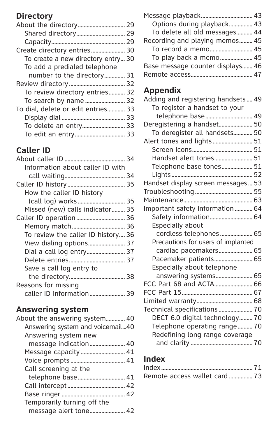 Directory, Caller id, Answering system | Appendix, Index | AT&T CL82350 User Manual | Page 5 / 79