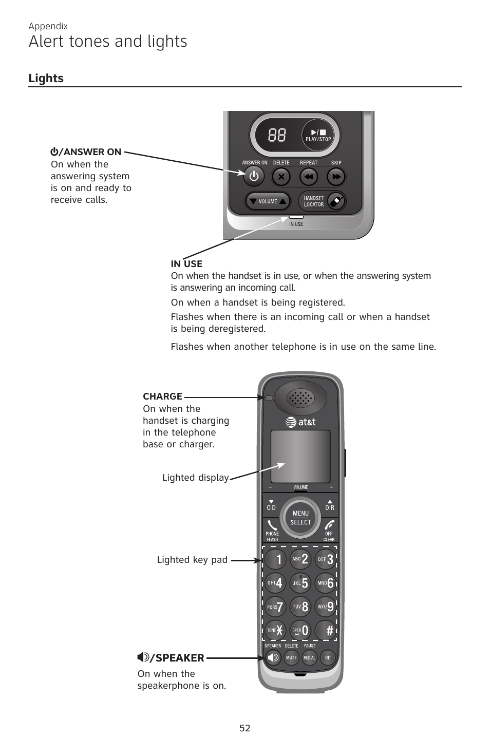 Alert tones and lights | AT&T CL82350 User Manual | Page 57 / 79