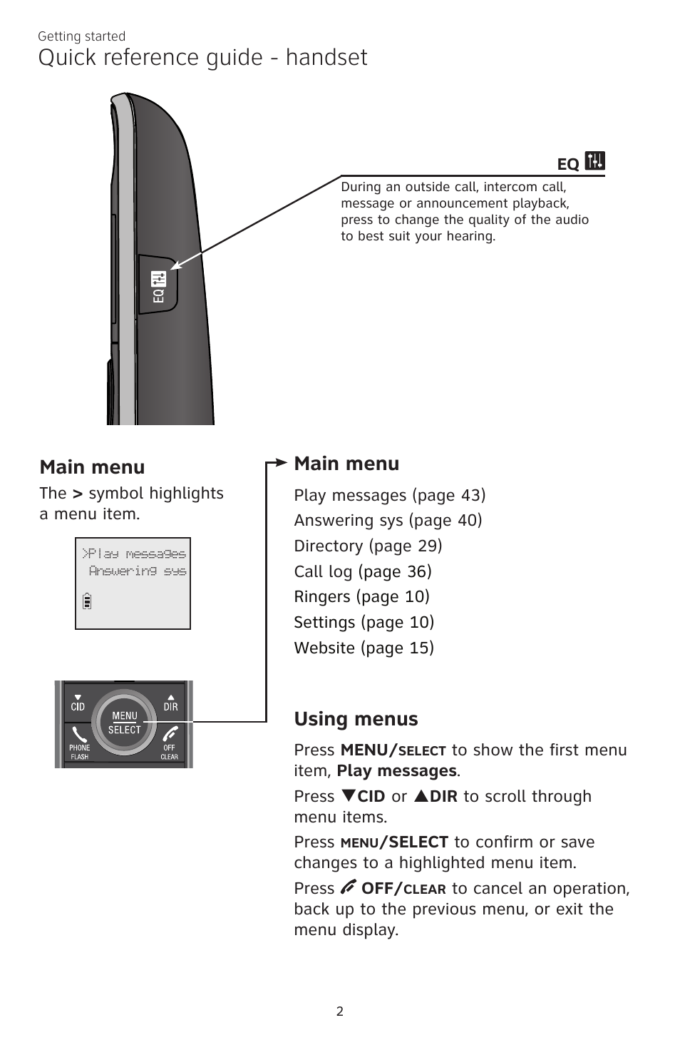 Quick reference guide - handset, Main menu, Using menus | AT&T CL82350 User Manual | Page 7 / 79