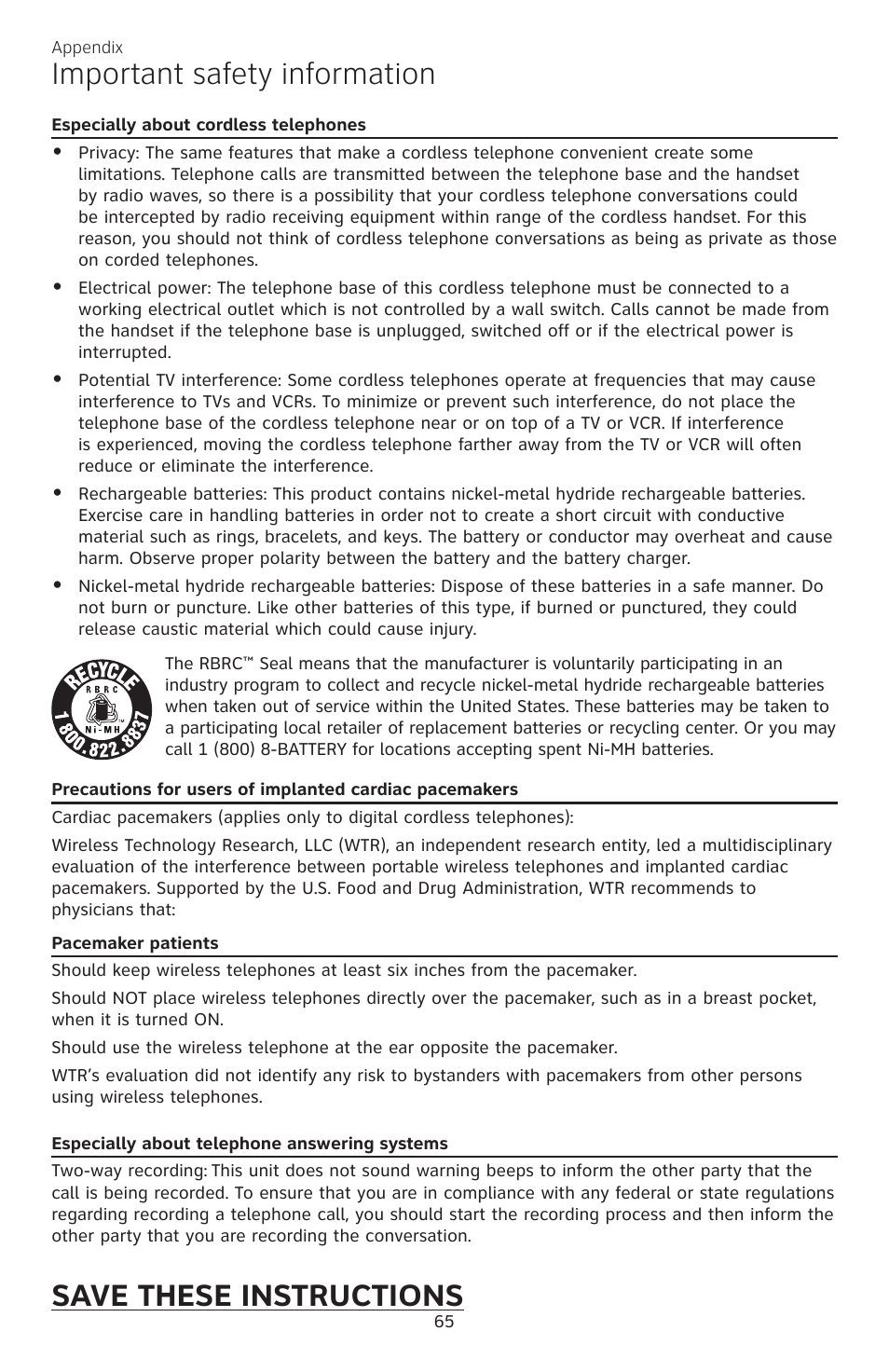 Important safety information, Save these instructions | AT&T CL82350 User Manual | Page 70 / 79