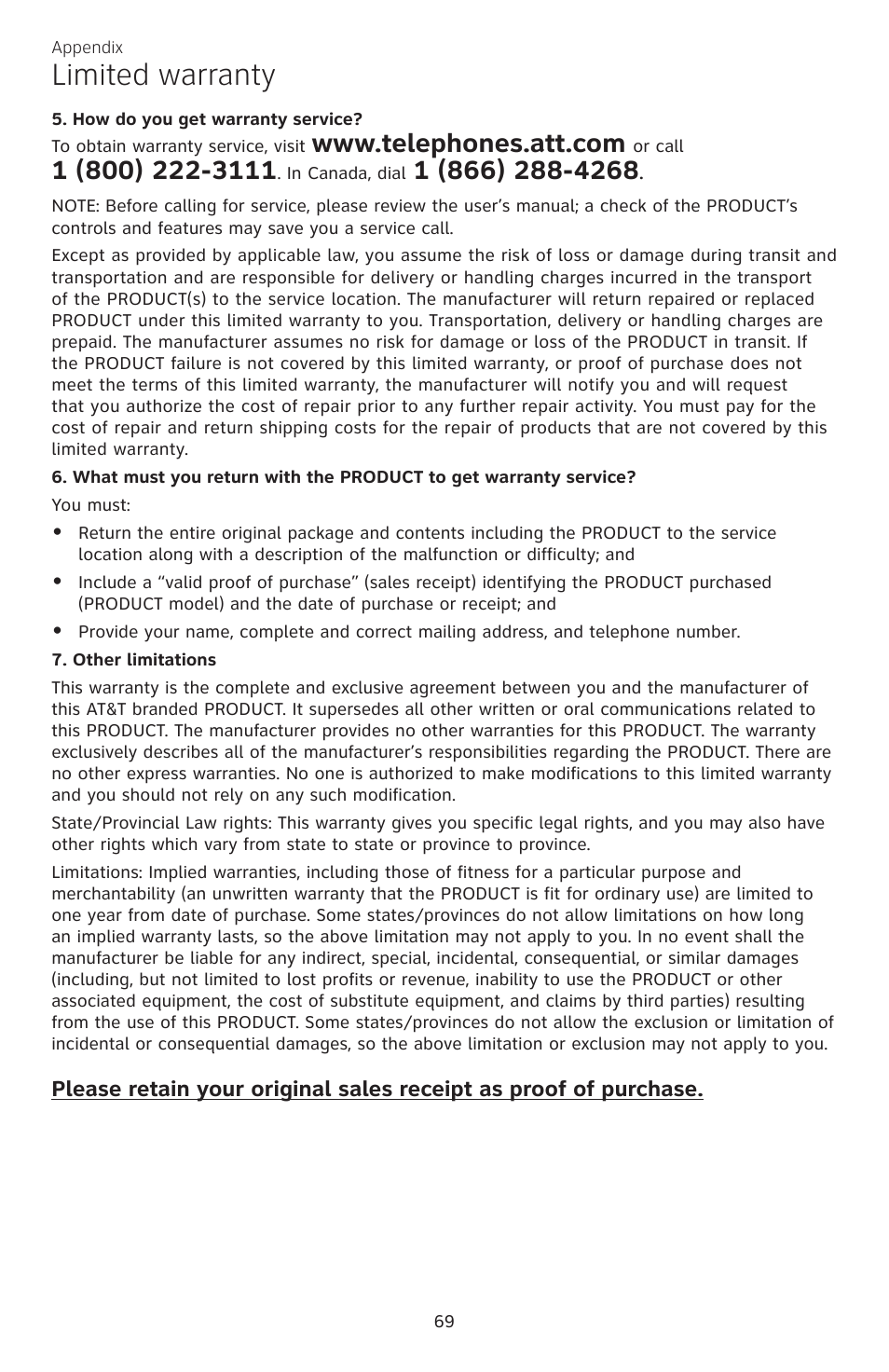 Limited warranty | AT&T CL82350 User Manual | Page 74 / 79