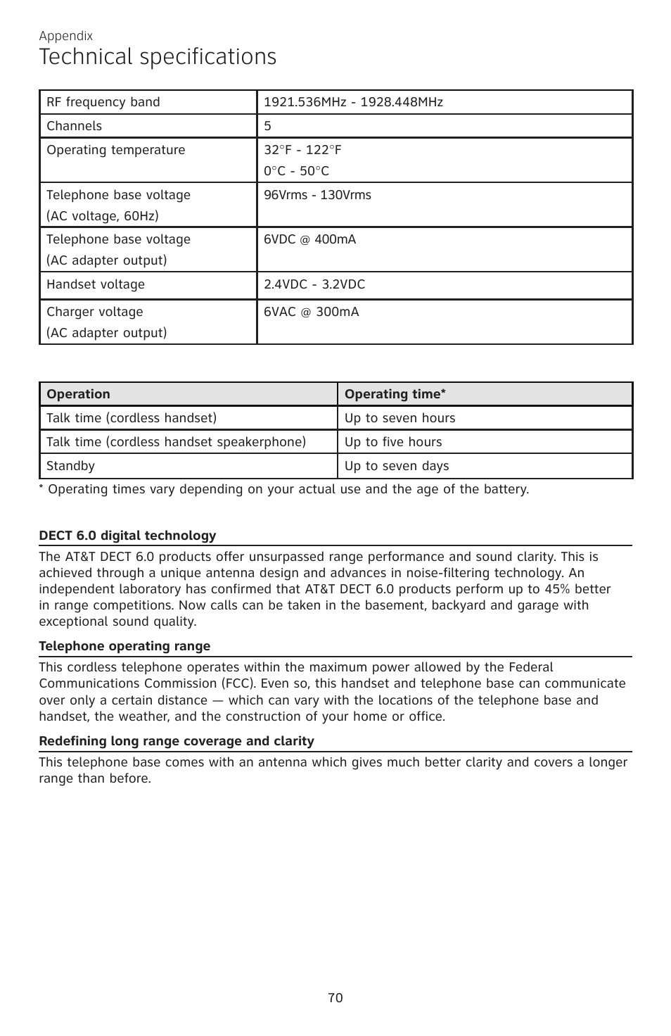 Technical specifications | AT&T CL82350 User Manual | Page 75 / 79