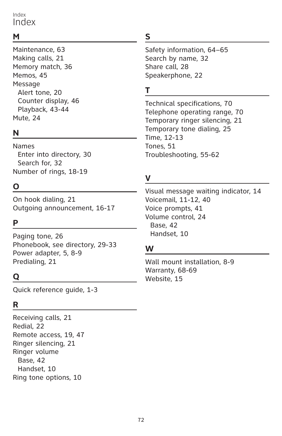 Index | AT&T CL82350 User Manual | Page 77 / 79