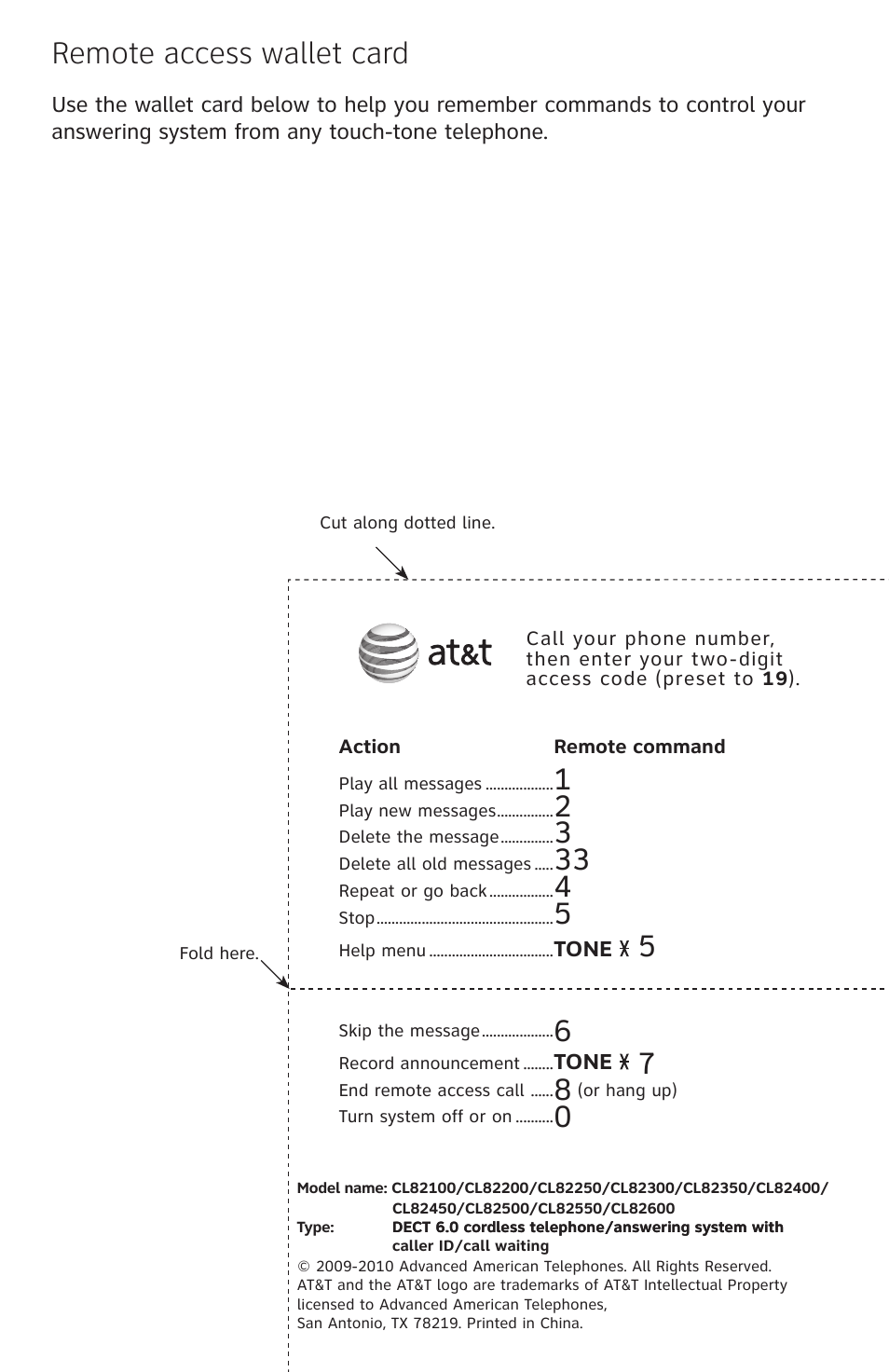 Remote access wallet card | AT&T CL82350 User Manual | Page 78 / 79