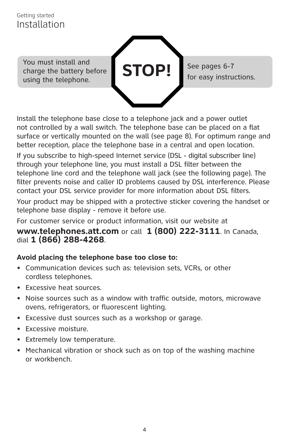 Stop, Installation | AT&T CL82350 User Manual | Page 9 / 79