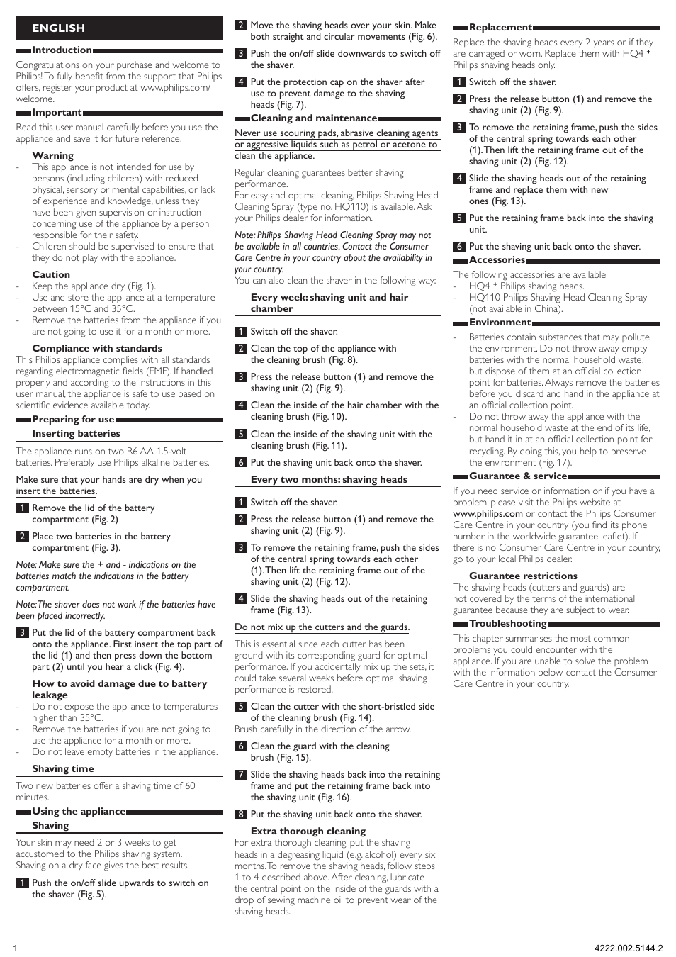 English | Philips Rasoir électrique User Manual | Page 2 / 9