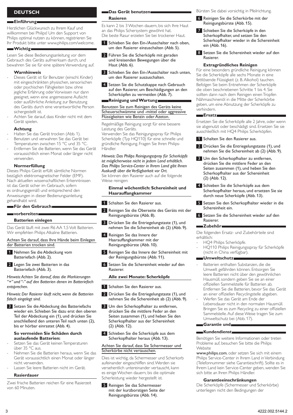 Deutsch | Philips Rasoir électrique User Manual | Page 4 / 9