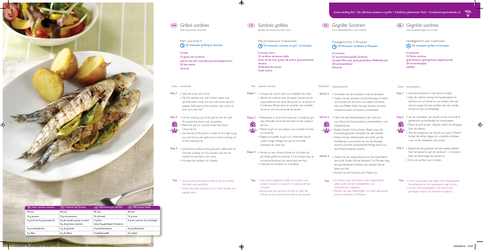 Grilled sardines, Sardines grillées, Gegrillte sardinen | Gegrilde sardines, Ef d n | Philips Avance Collection Gril de table User Manual | Page 9 / 35