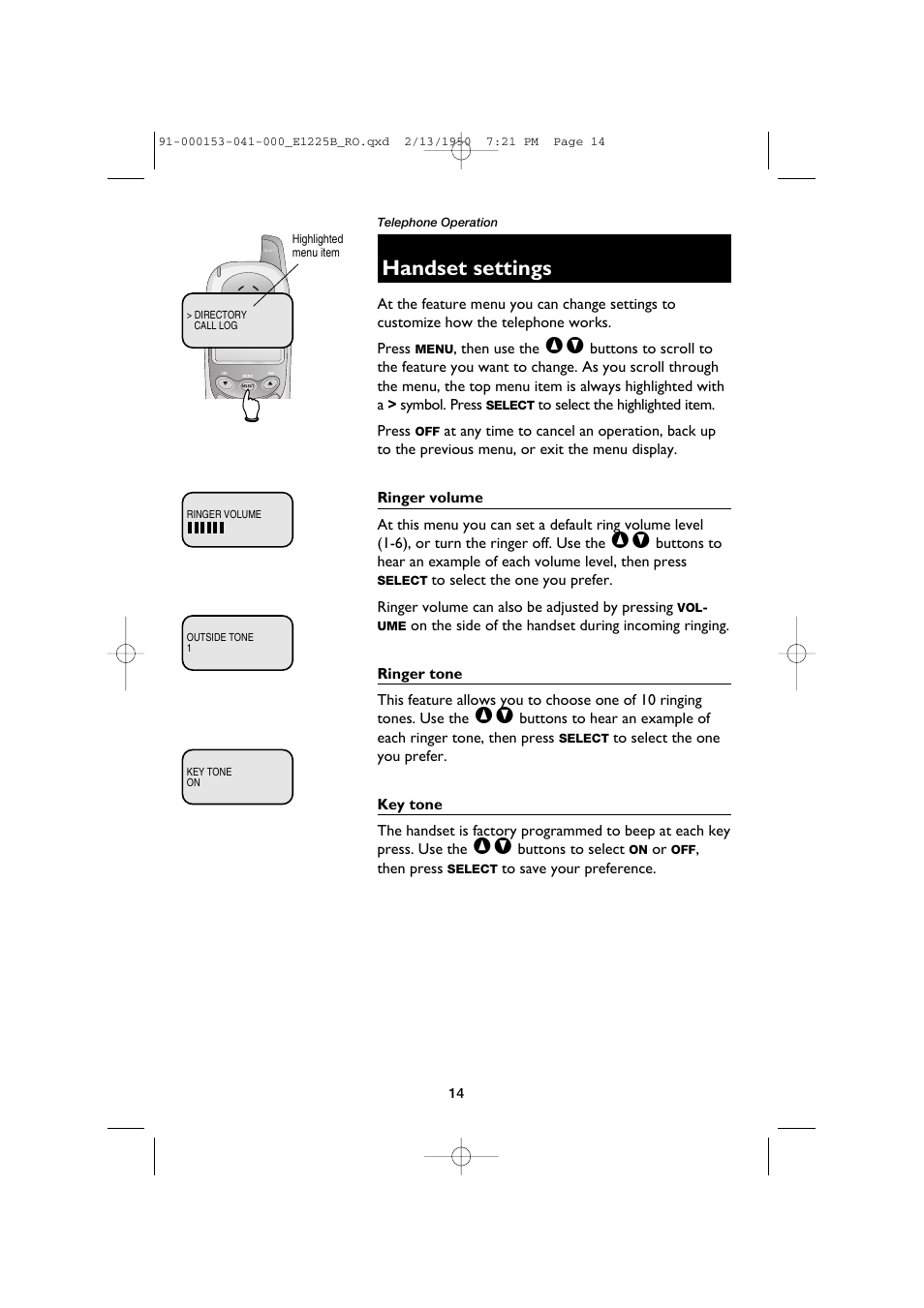 Handset settings | AT&T E1225B User Manual | Page 16 / 39