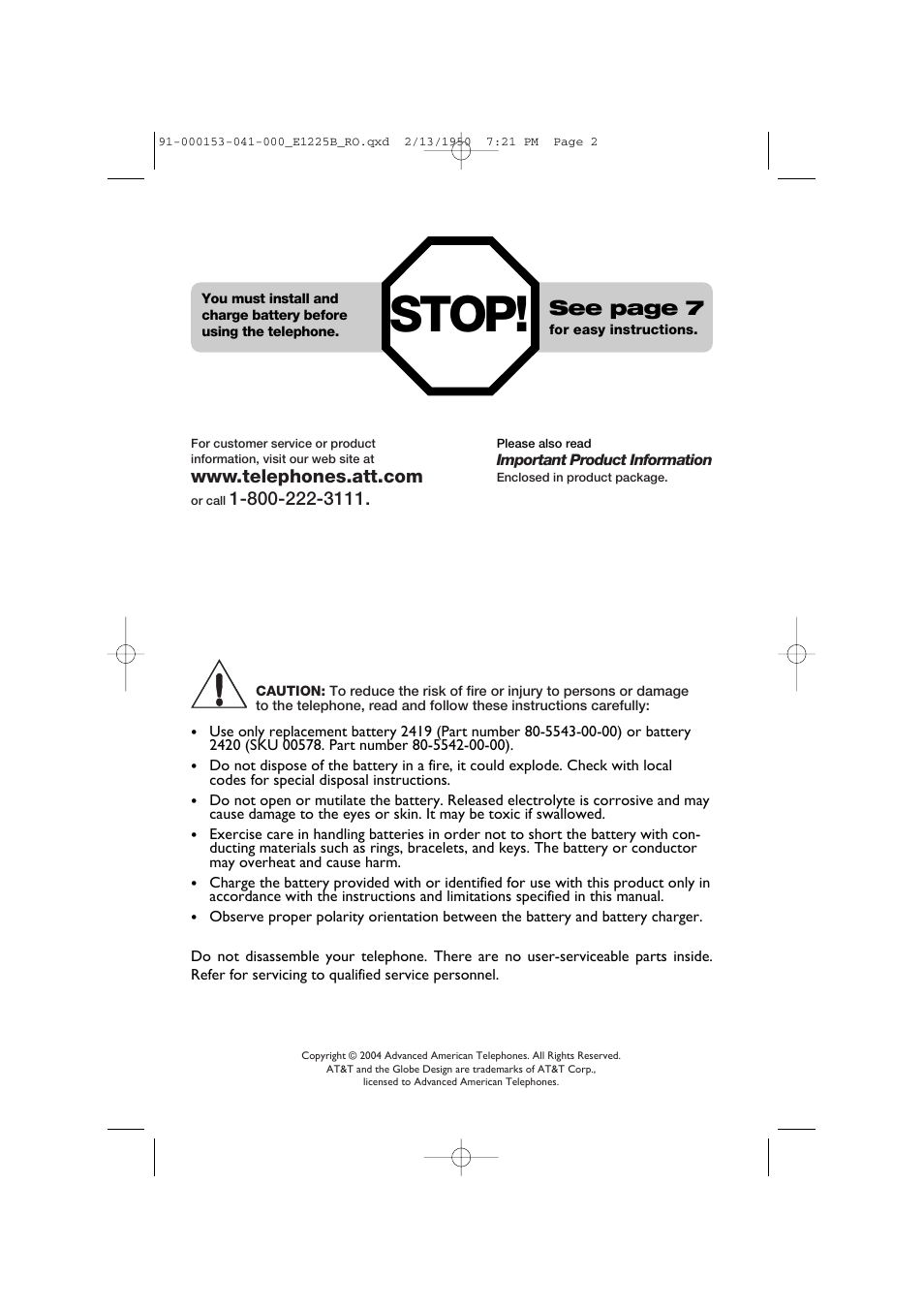 Stop, See page 7 | AT&T E1225B User Manual | Page 2 / 39