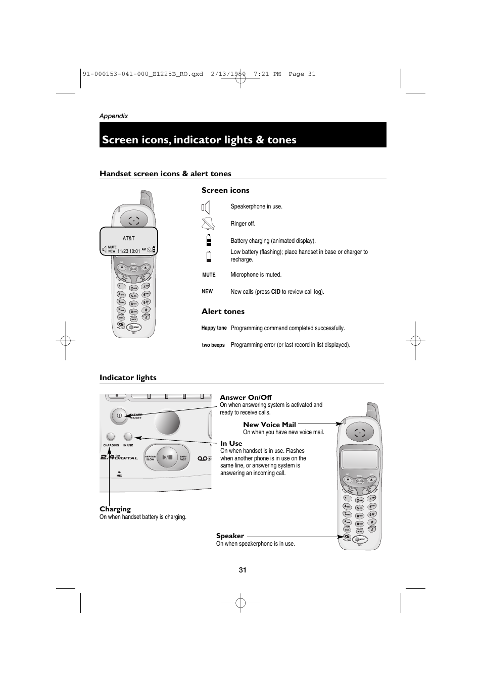 Screen icons, indicator lights & tones, Handset screen icons & alert tones, Indicator lights | Screen icons alert tones | AT&T E1225B User Manual | Page 33 / 39