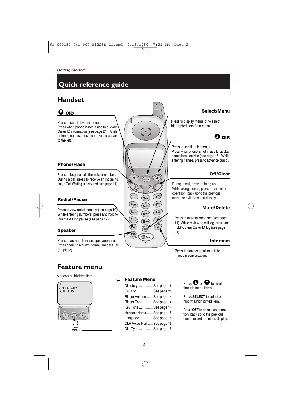Quick reference guide, Handset feature menu | AT&T E1225B User Manual | Page 4 / 39