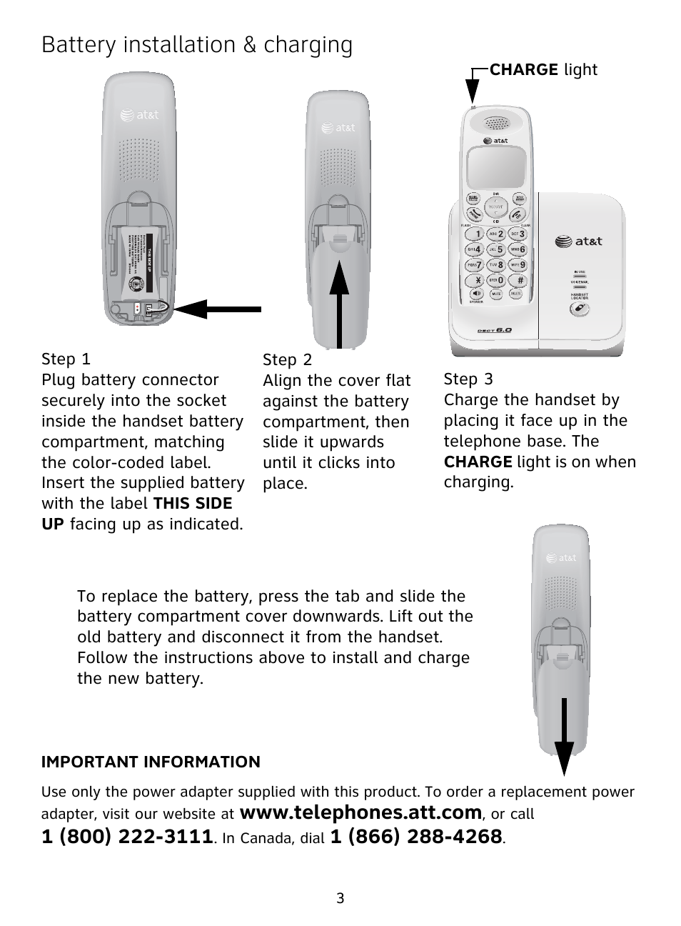 Battery installation & charging | AT&T DECT EL51109 User Manual | Page 4 / 8