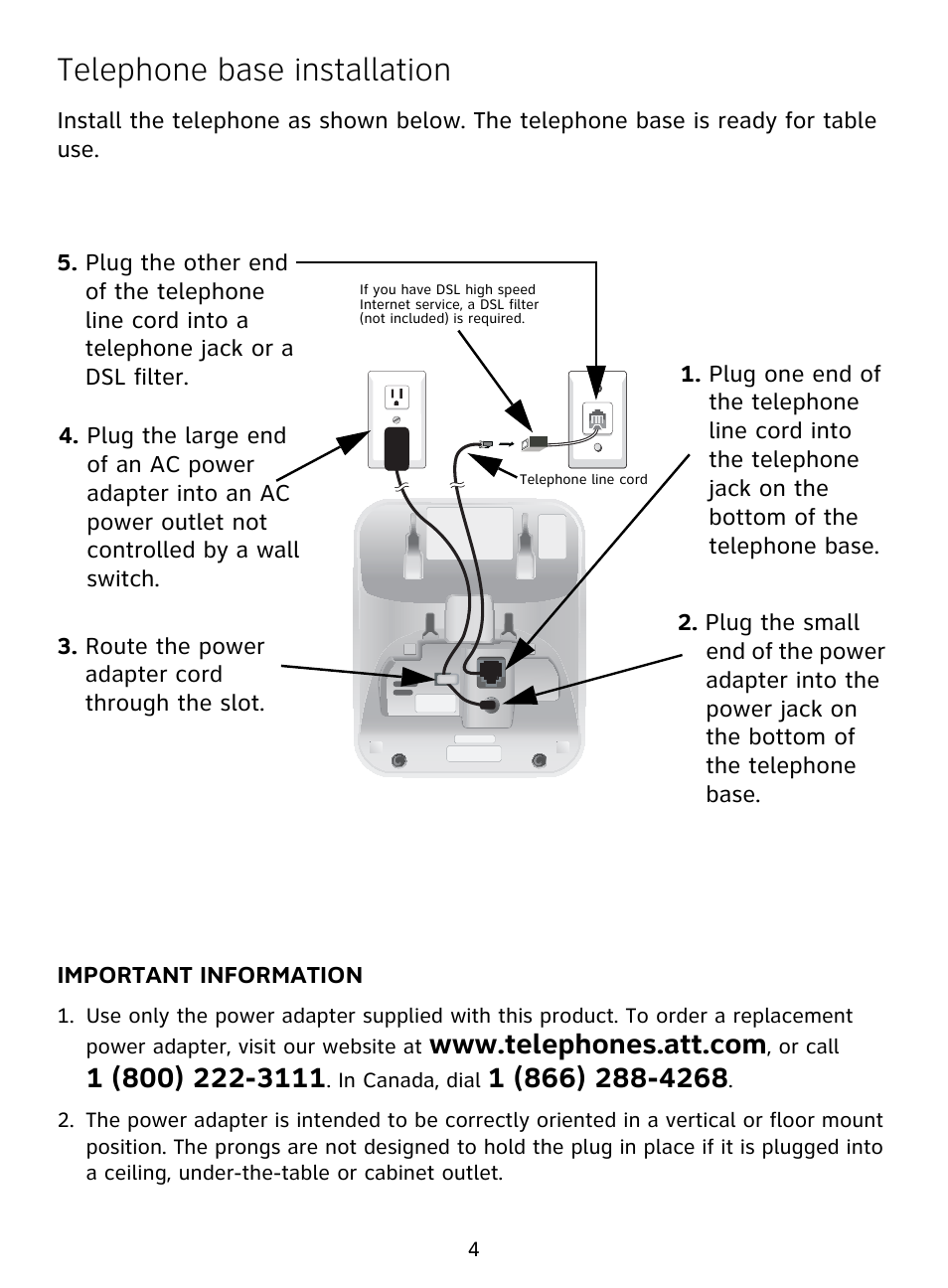 Telephone base installation | AT&T DECT EL51109 User Manual | Page 5 / 8